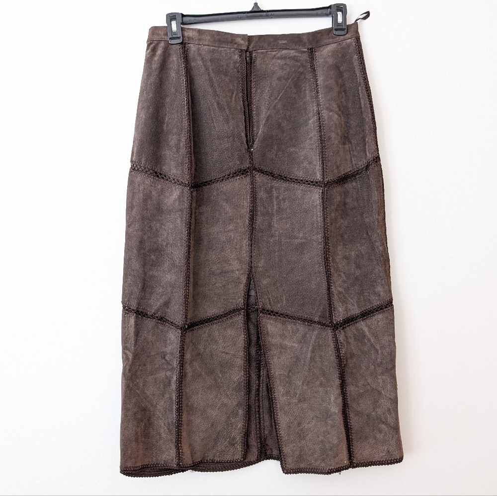 Leather Brown patchwork quilted crochet skirt 70'… - image 3